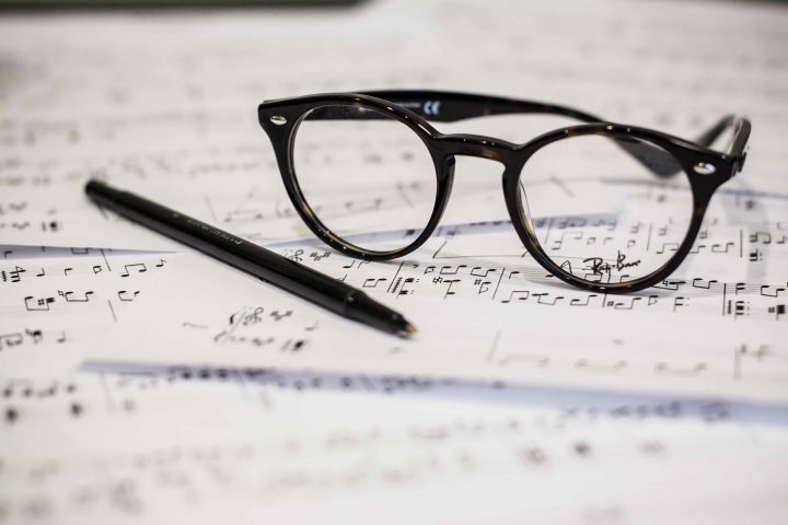 A pair of glasses sitting on top of a sheet with music notes.